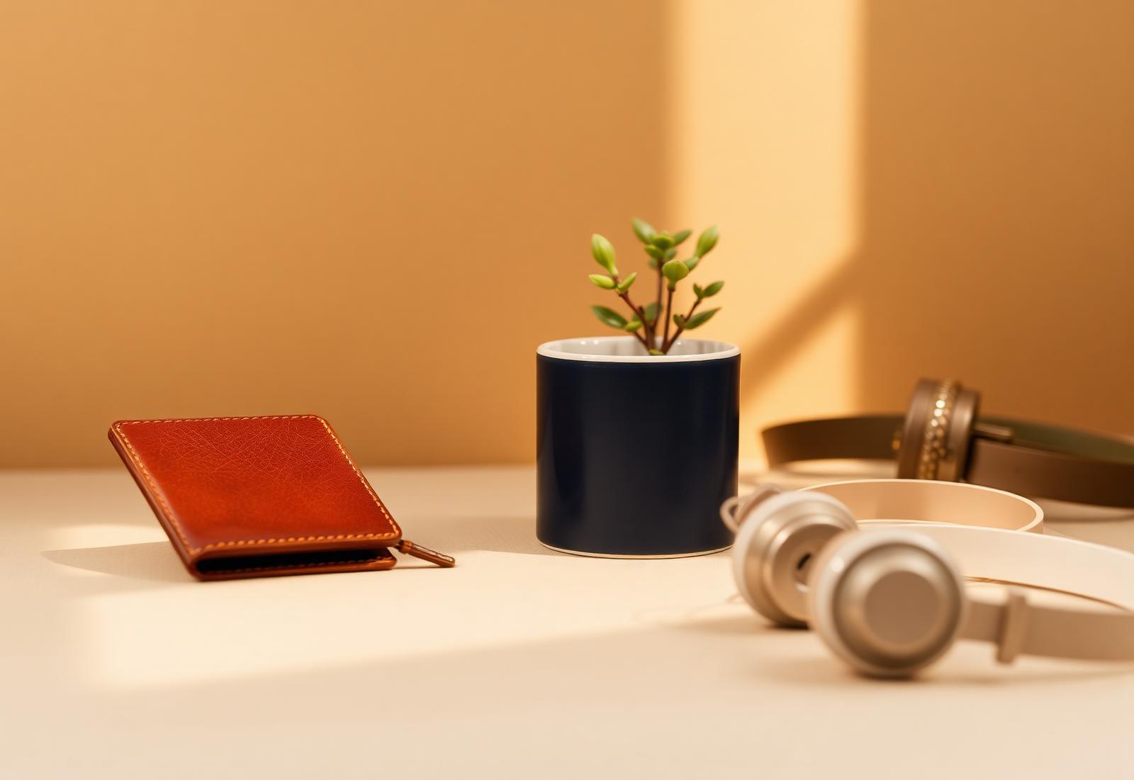 Curated Lagofy lifestyle products including a leather wallet, ceramic planter, and headphones on a warm neutral background.
